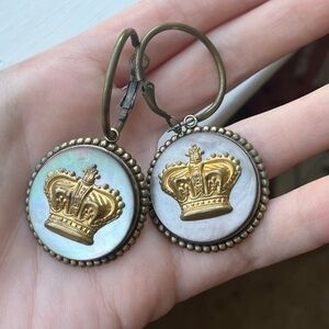 5/$75 Vintage Handmade LARGE Brass MOP Gold Royal Seal Crown Earrings C1